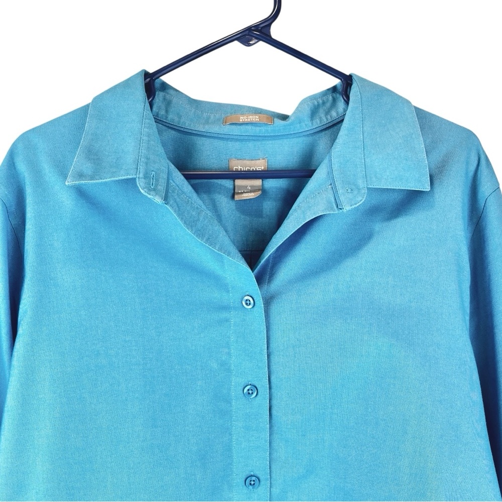 Chico's No Iron Cotton Twill Button-Up Shirt 3/4 Sleeve Collared Blue Sz 4 / 20 - Picture 3 of 10